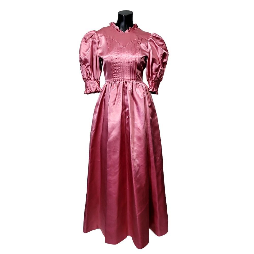 Vintage Style Pink Satin Maxi Dress Puff Sleeve Ruffle Neck Pintuck Pleated Gown